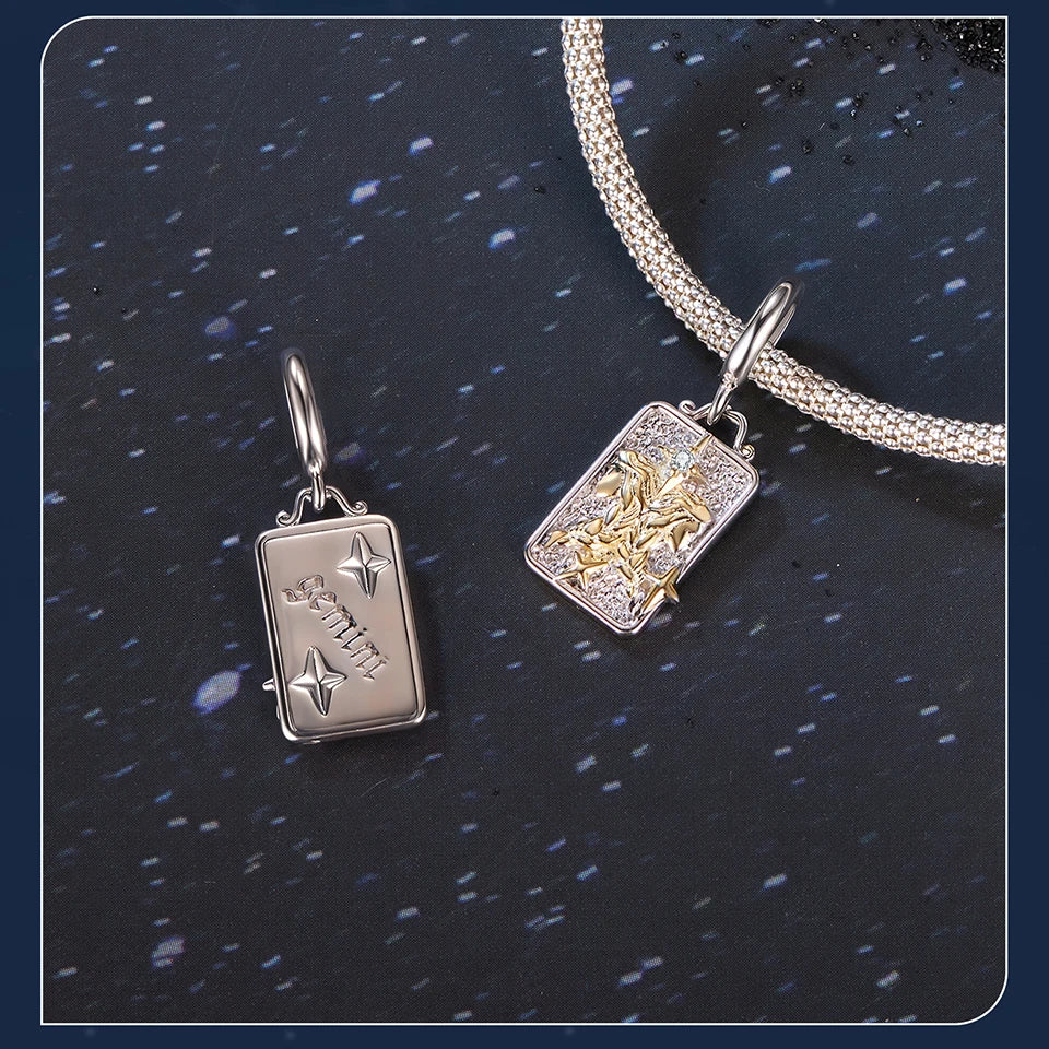 Zodiac Charms Sterling Silver 18K Gold Two-tone Rectangle Pendant