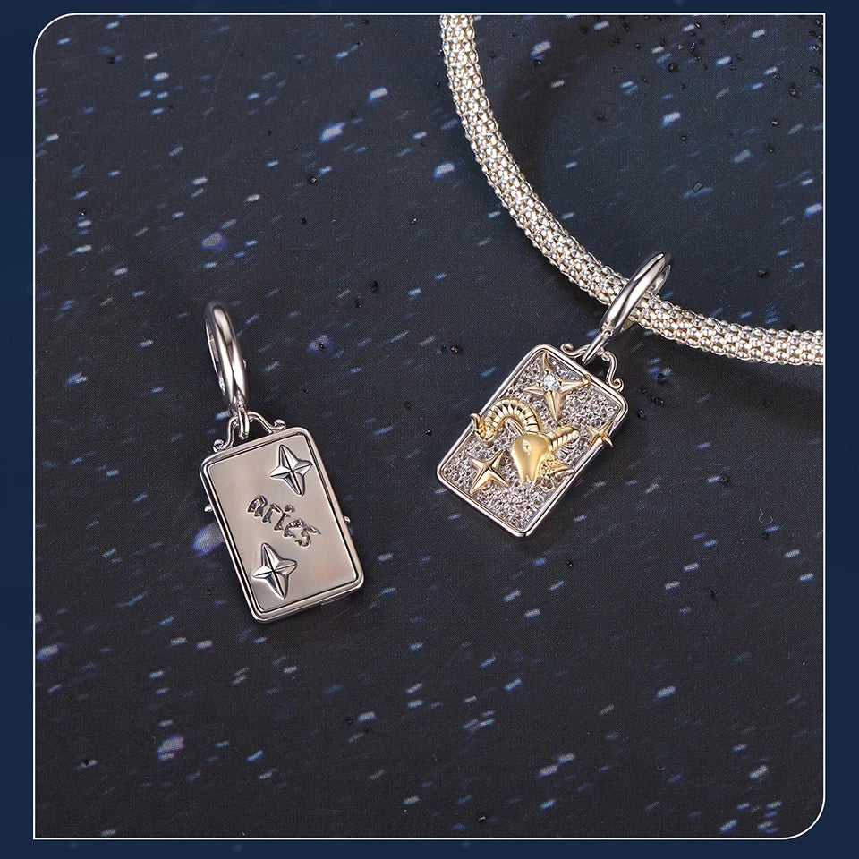 Zodiac Charms Sterling Silver 18K Gold Two-tone Rectangle Pendant