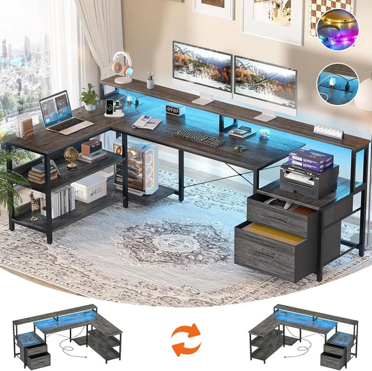 L Shaped Gaming Desk with File Drawer & Power Outlet & LED Strip