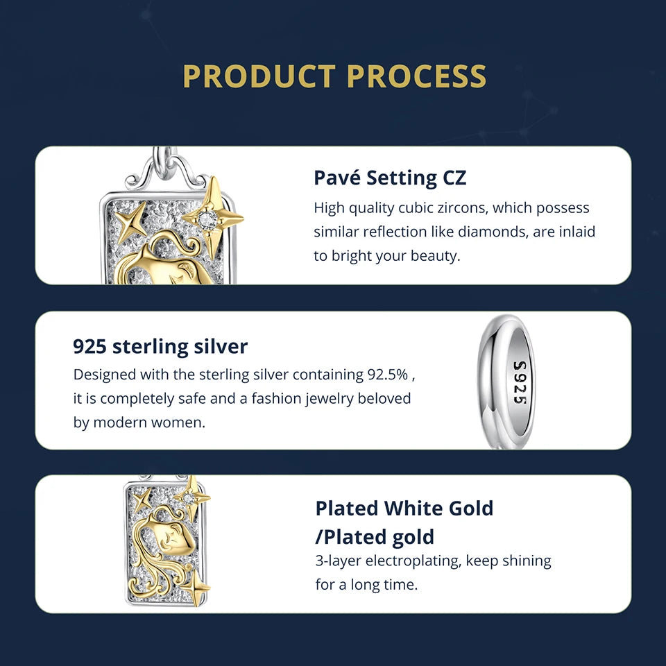 Zodiac Charms Sterling Silver 18K Gold Two-tone Rectangle Pendant