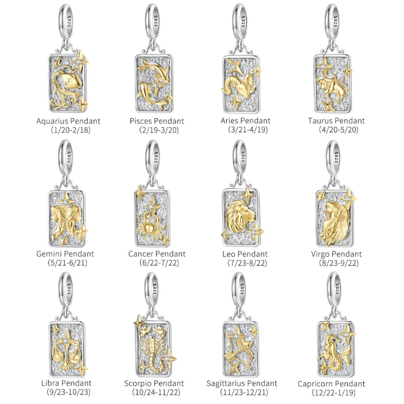 Zodiac Charms Sterling Silver 18K Gold Two-tone Rectangle Pendant