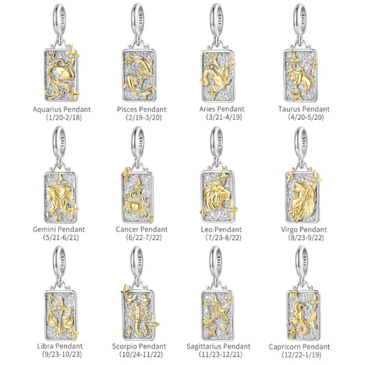 Zodiac Charms Sterling Silver 18K Gold Two-tone Rectangle Pendant