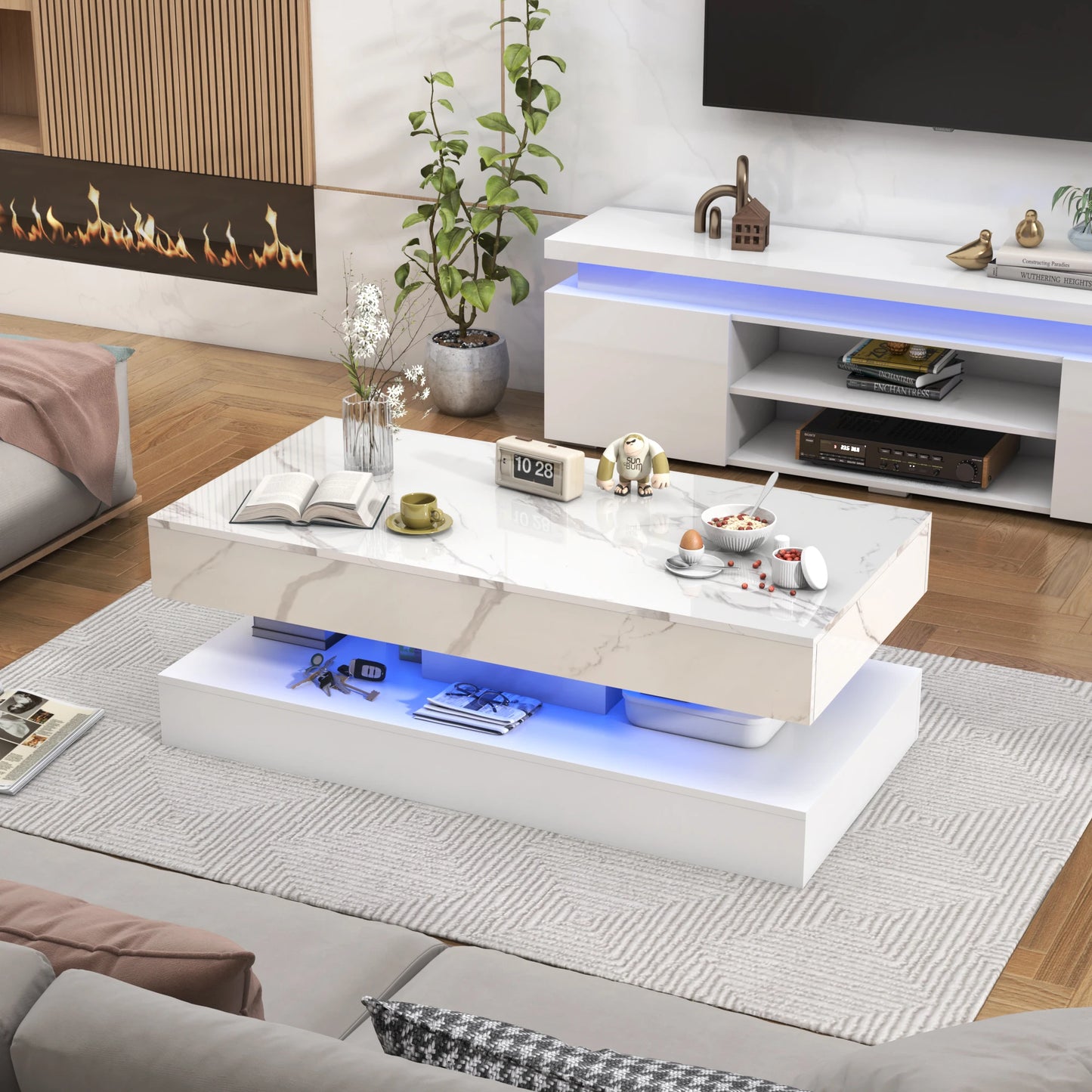 Modern Stylish Coffee Table with LED lights, 2 Storage Drawers