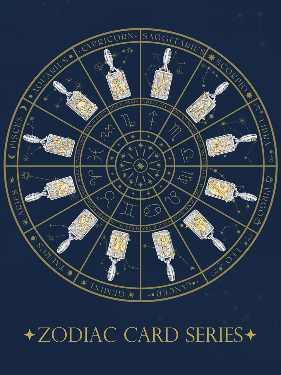 Zodiac Charms Sterling Silver 18K Gold Two-tone Rectangle Pendant