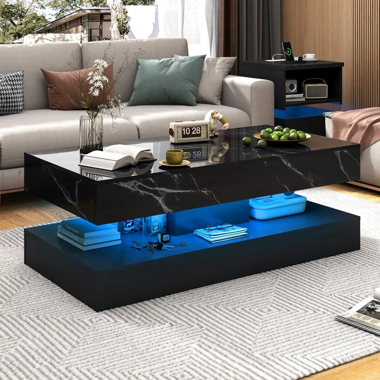 Modern Stylish Coffee Table with LED lights, 2 Storage Drawers