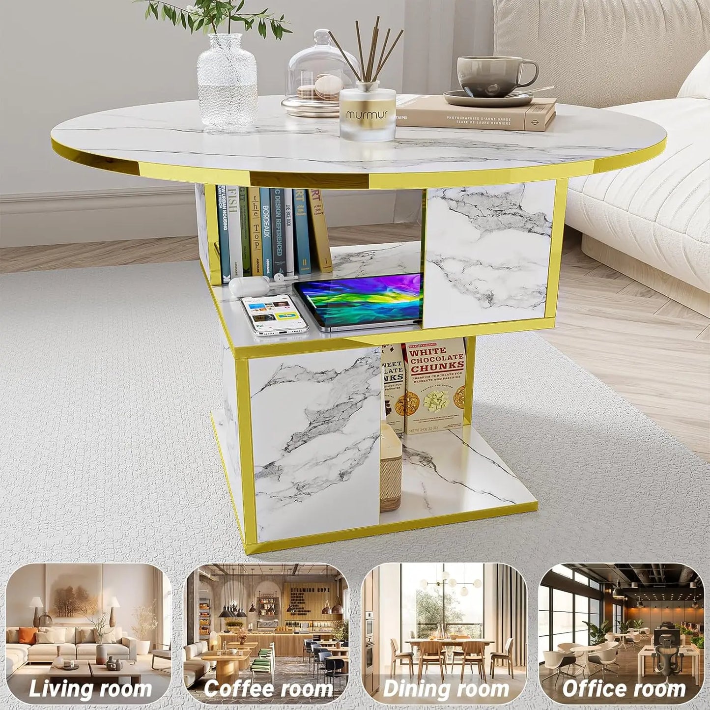 3-Tier Round Coffee Wooden Tabletop-Marble White with Gold Frame