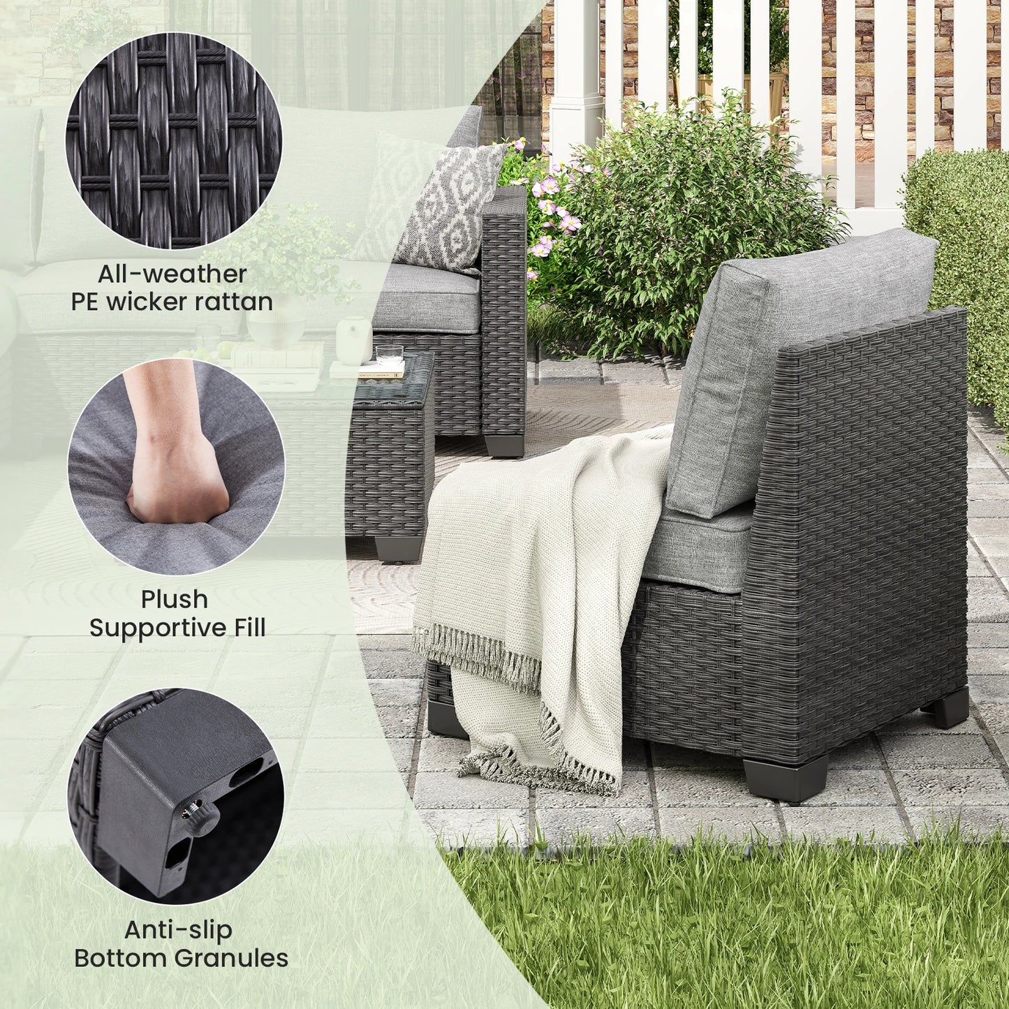 Farini Patio Sectional Sofa Set, Outdoor Furniture, Water/Oil/Stain-Resistant Fabric, Dark Gray Cushion + Gray Wick