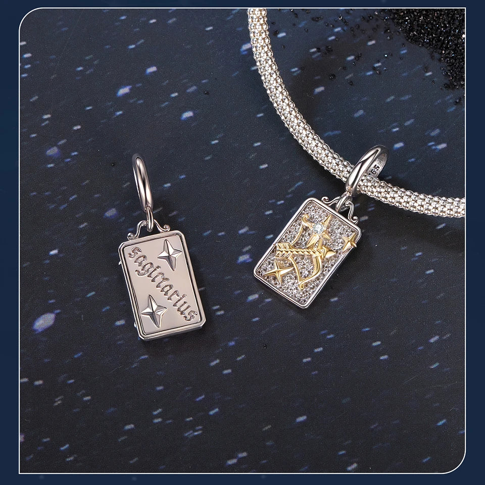 Zodiac Charms Sterling Silver 18K Gold Two-tone Rectangle Pendant