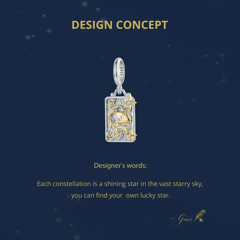 Zodiac Charms Sterling Silver 18K Gold Two-tone Rectangle Pendant