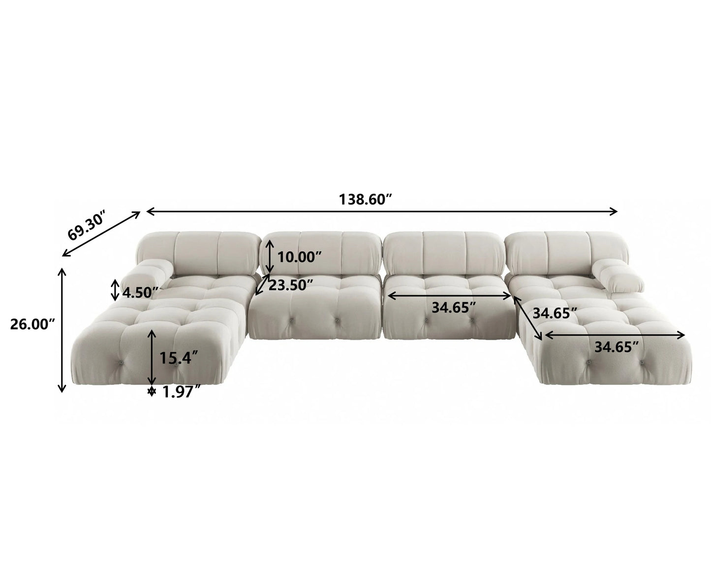 Sdorens 138" Modular Sectional Couch Modern U-Shaped Minimalist Velvet Sofas for Living Room Deep 4-Seat Sofas with 2 Ottomans