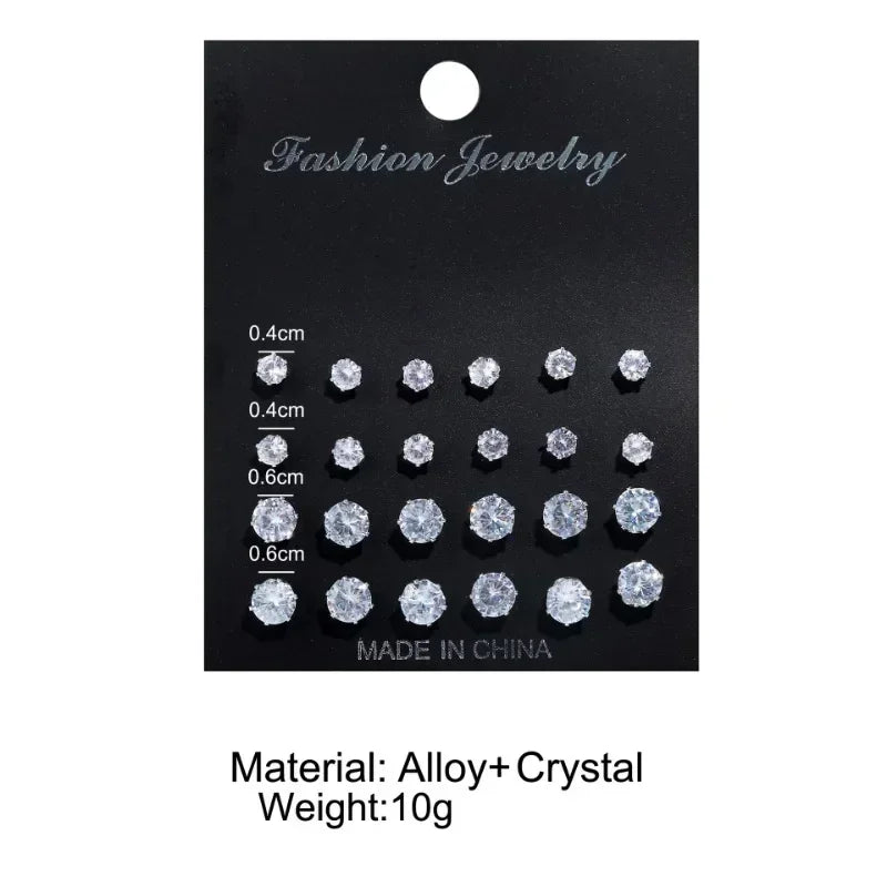 12 Pair/Lot White Shiny Stud Earrings Set