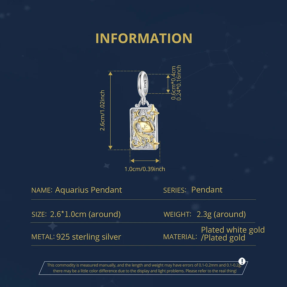 Zodiac Charms Sterling Silver 18K Gold Two-tone Rectangle Pendant