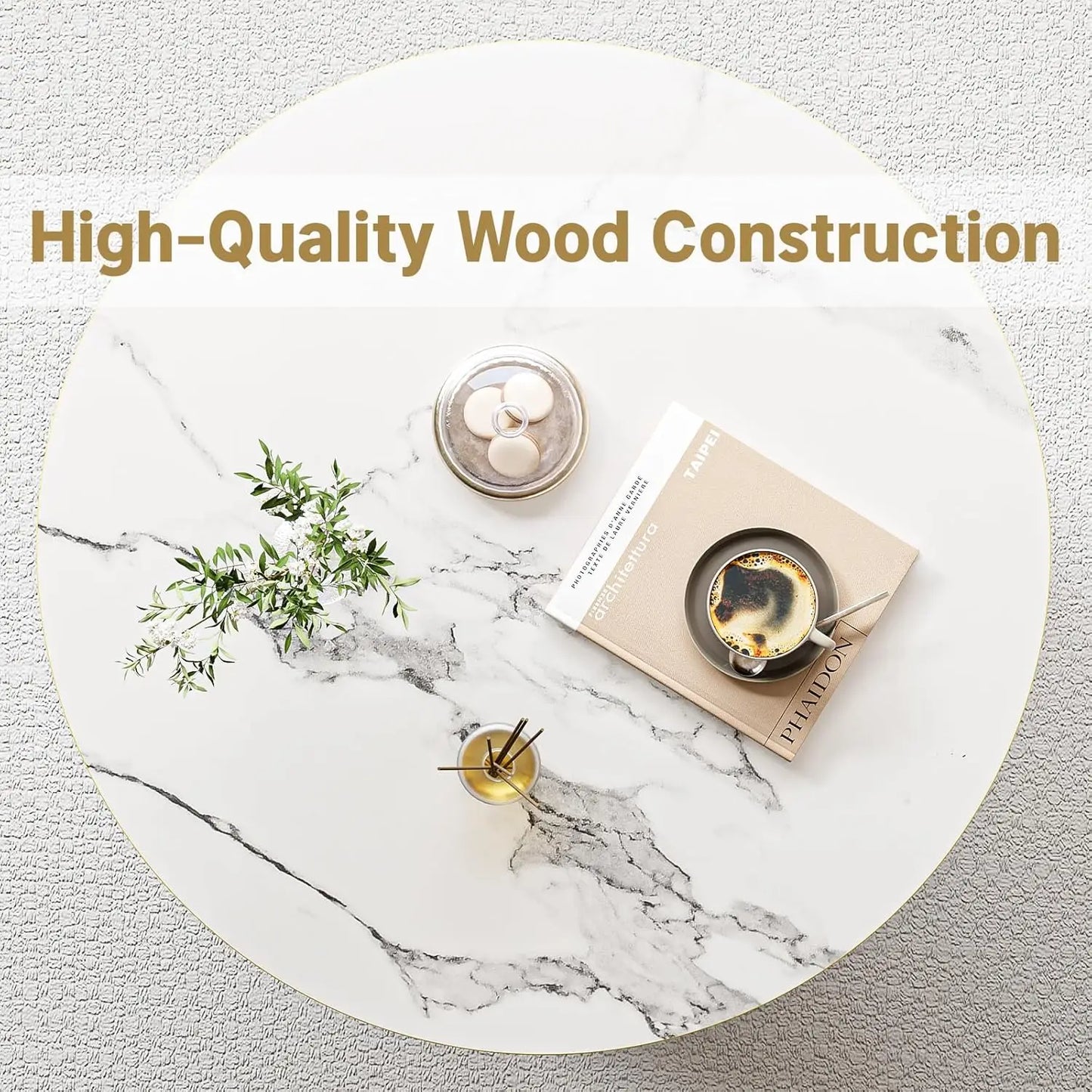 3-Tier Round Coffee Wooden Tabletop-Marble White with Gold Frame