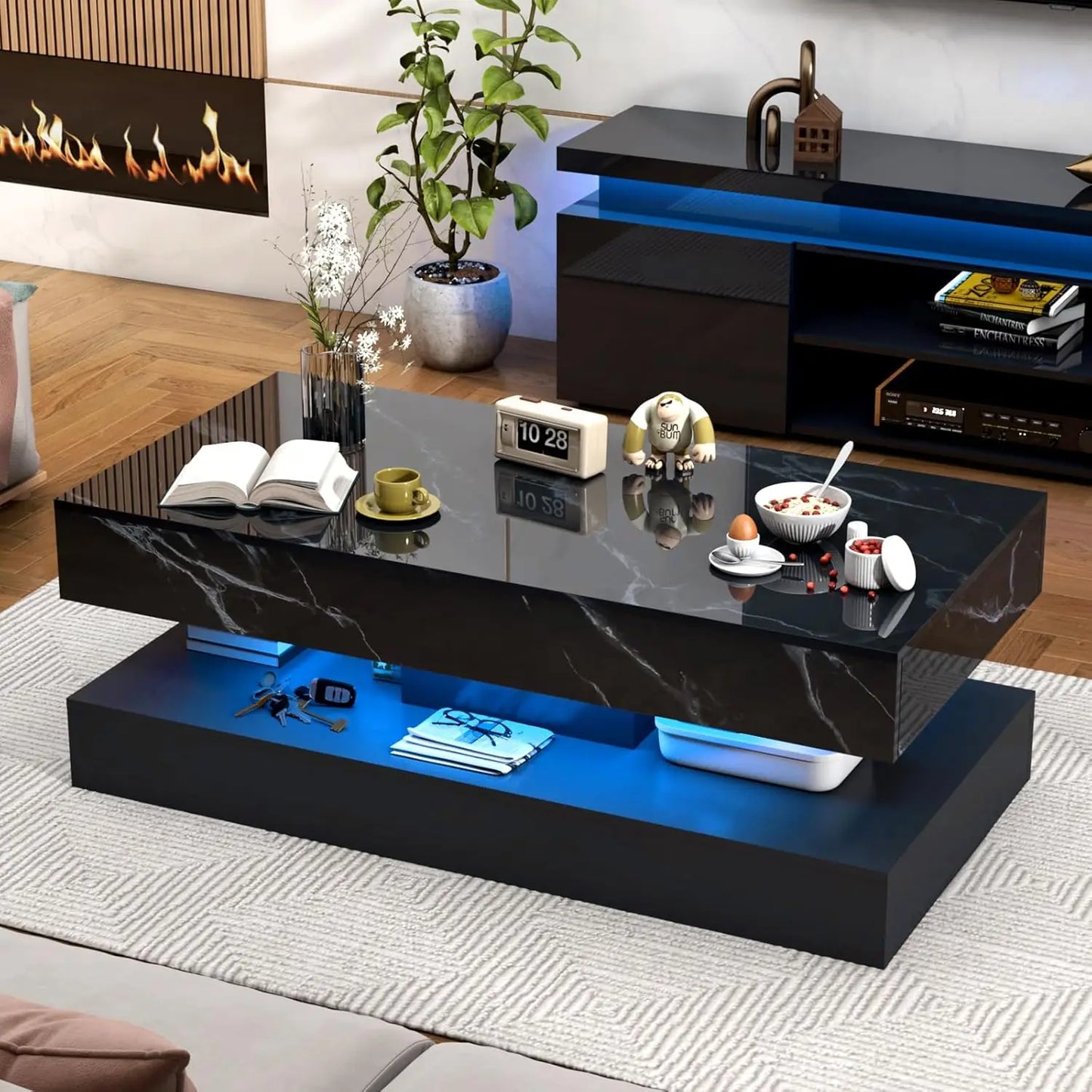 Modern Stylish Coffee Table with LED lights, 2 Storage Drawers