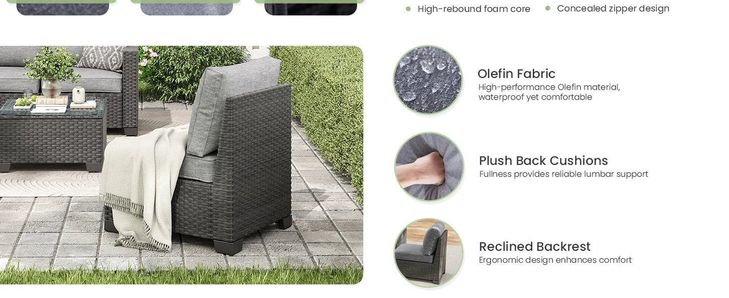 Farini Patio Sectional Sofa Set, Outdoor Furniture, Water/Oil/Stain-Resistant Fabric, Dark Gray Cushion + Gray Wick