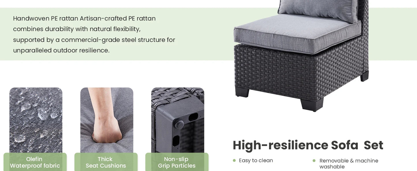 Farini Patio Sectional Sofa Set, Outdoor Furniture, Water/Oil/Stain-Resistant Fabric, Dark Gray Cushion + Gray Wick