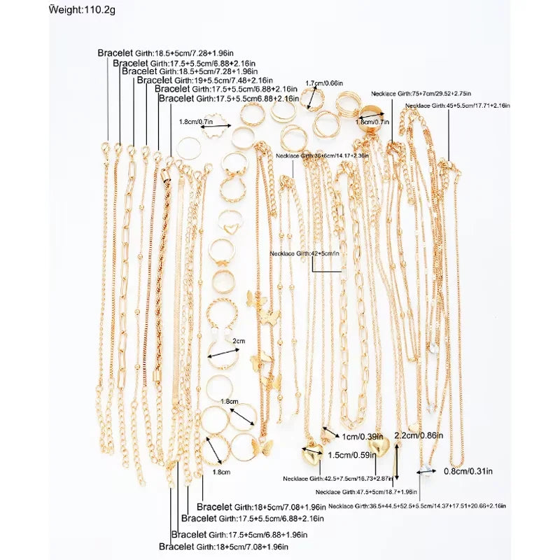 40 Pcs/Set Elegant Pearl Rings Multi-Layered Heart Zircon Necklace Bracelet 3-In-1 Jewelry Set