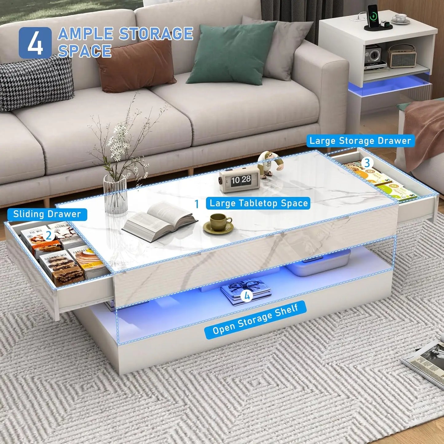 Modern Stylish Coffee Table with LED lights, 2 Storage Drawers