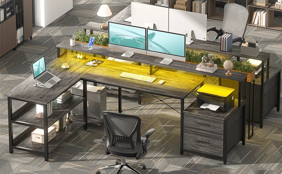 L Shaped Gaming Desk with File Drawer & Power Outlet & LED Strip