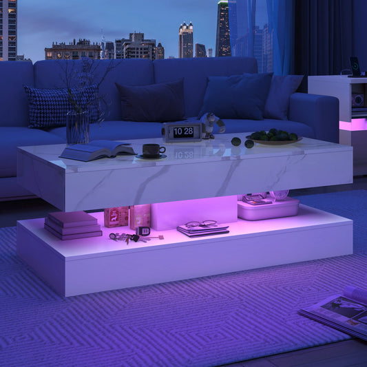 Modern Stylish Coffee Table with LED lights, 2 Storage Drawers