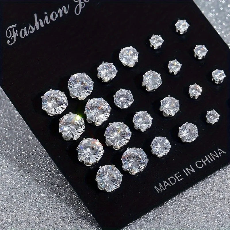 12 Pair/Lot White Shiny Stud Earrings Set