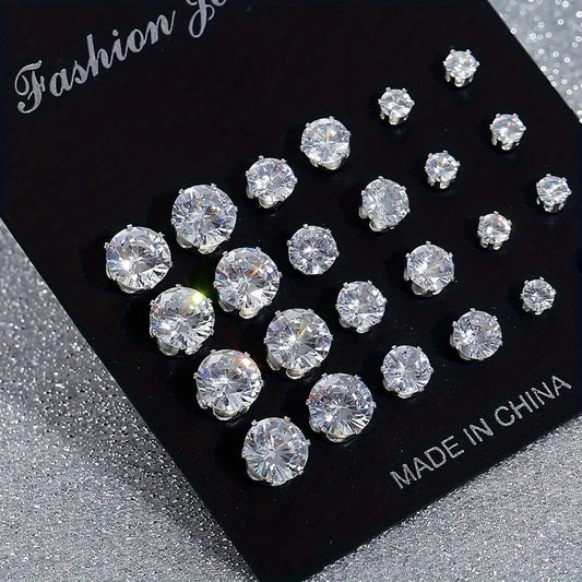 12 Pair/Lot White Shiny Stud Earrings Set