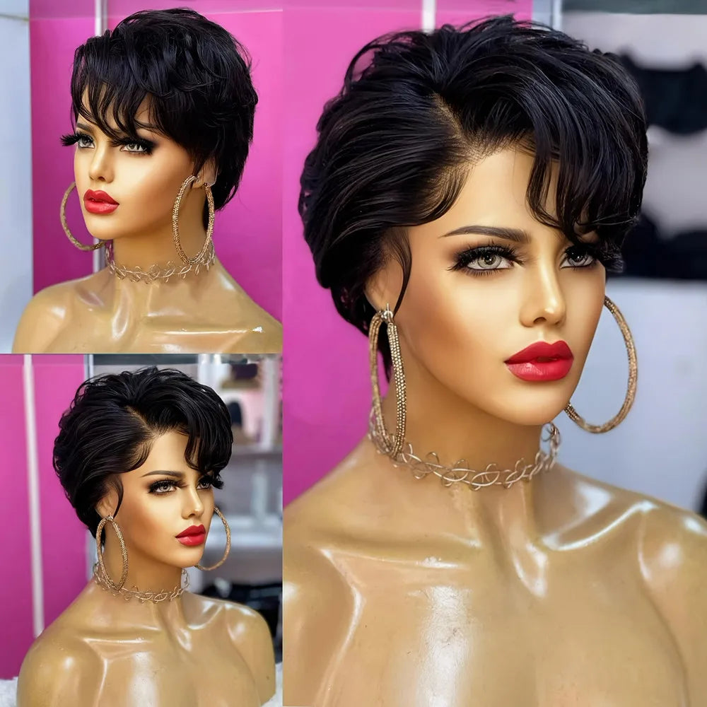 6 inch 150% Density 13x1 T Lace Natural Color Pixie Wigs