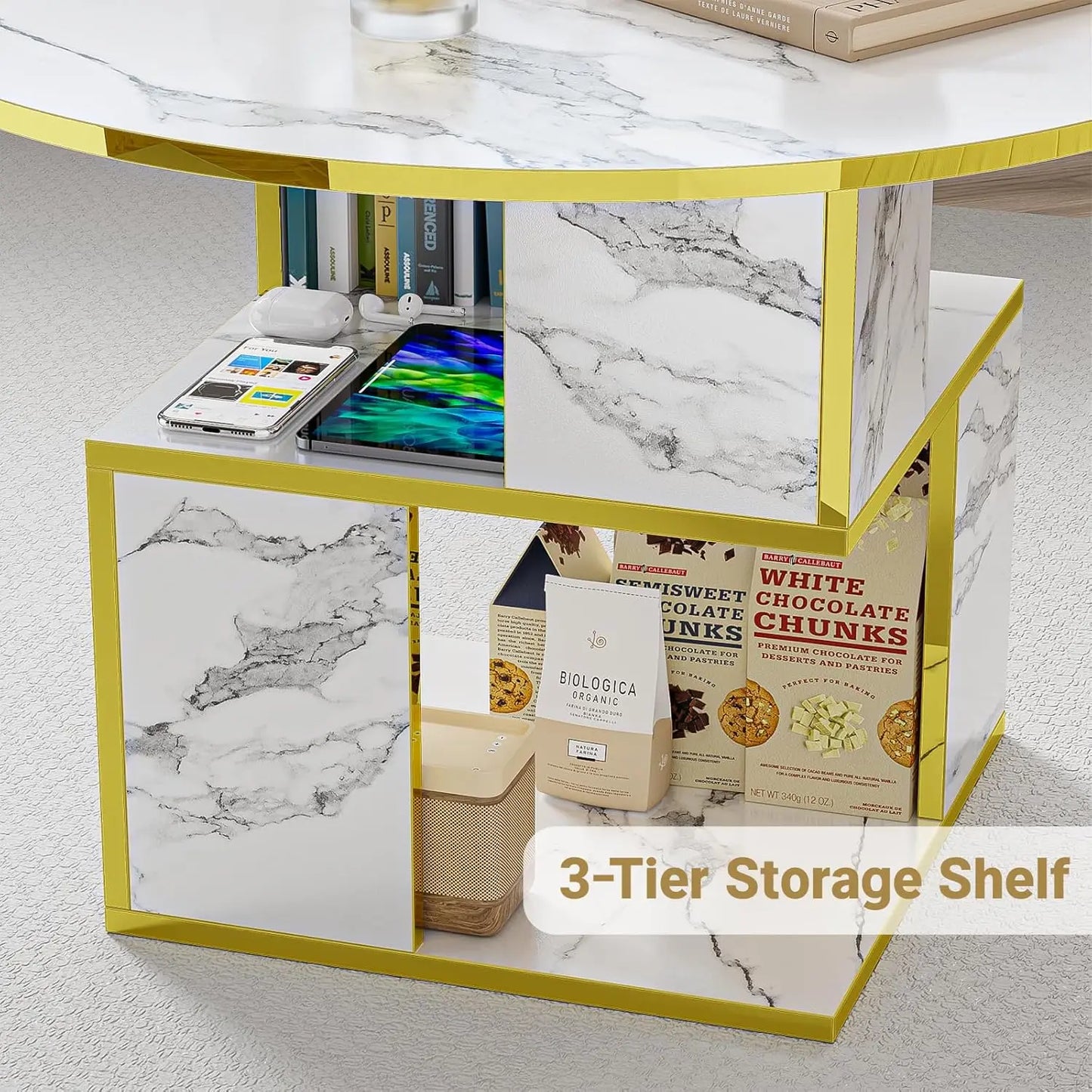 3-Tier Round Coffee Wooden Tabletop-Marble White with Gold Frame