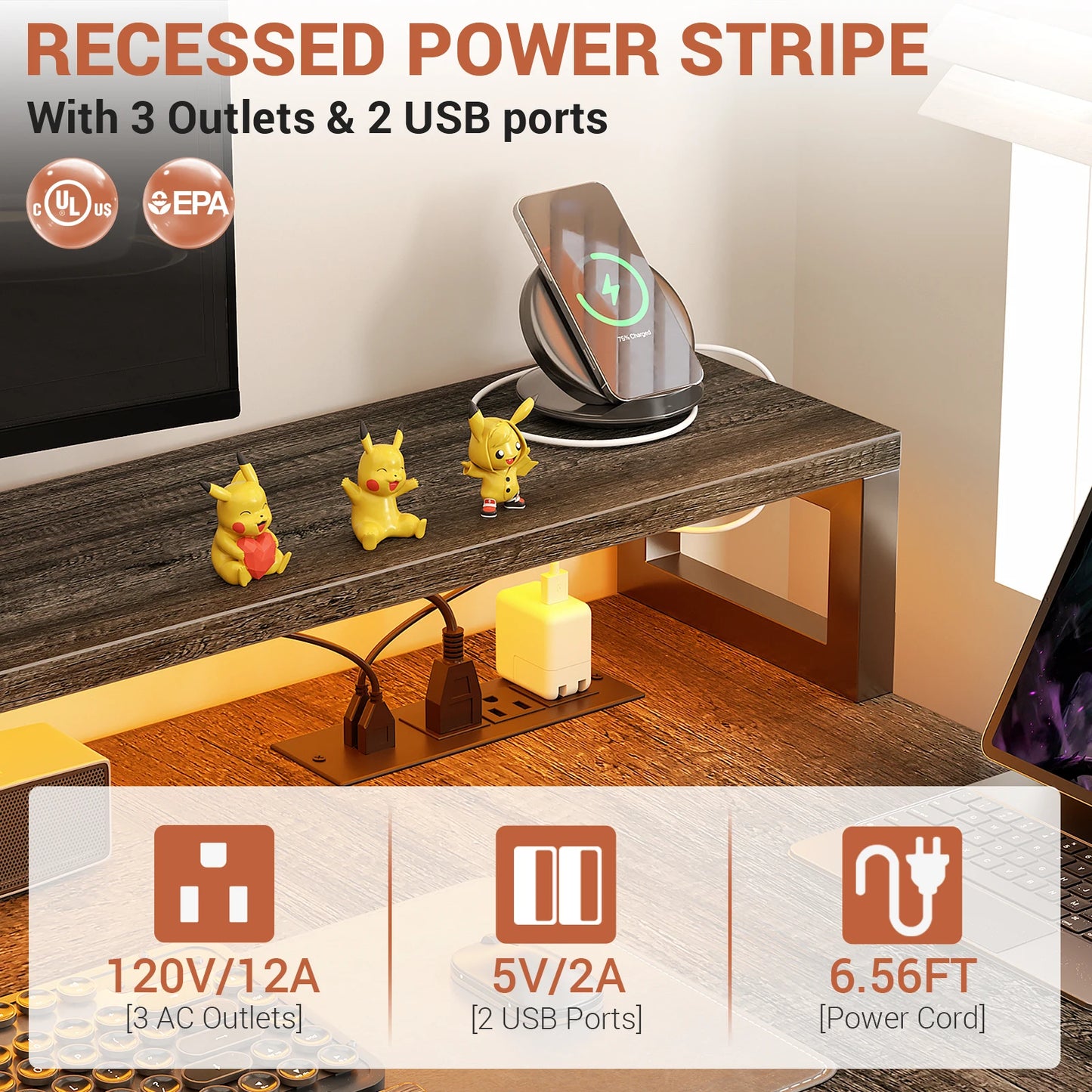 L Shaped Gaming Desk with File Drawer & Power Outlet & LED Strip