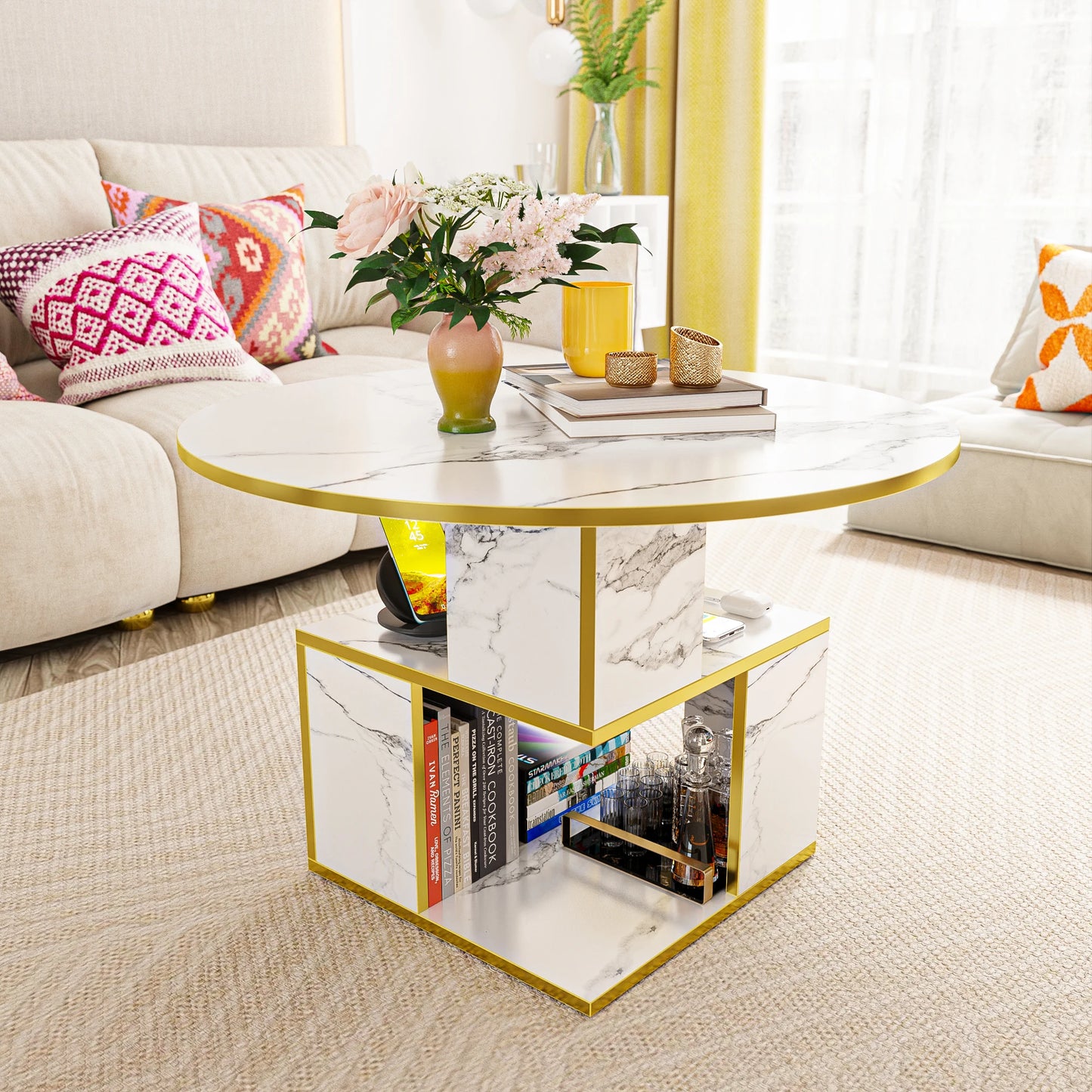 3-Tier Round Coffee Wooden Tabletop-Marble White with Gold Frame