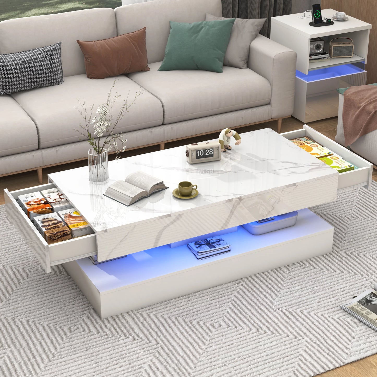 Modern Stylish Coffee Table with LED lights, 2 Storage Drawers