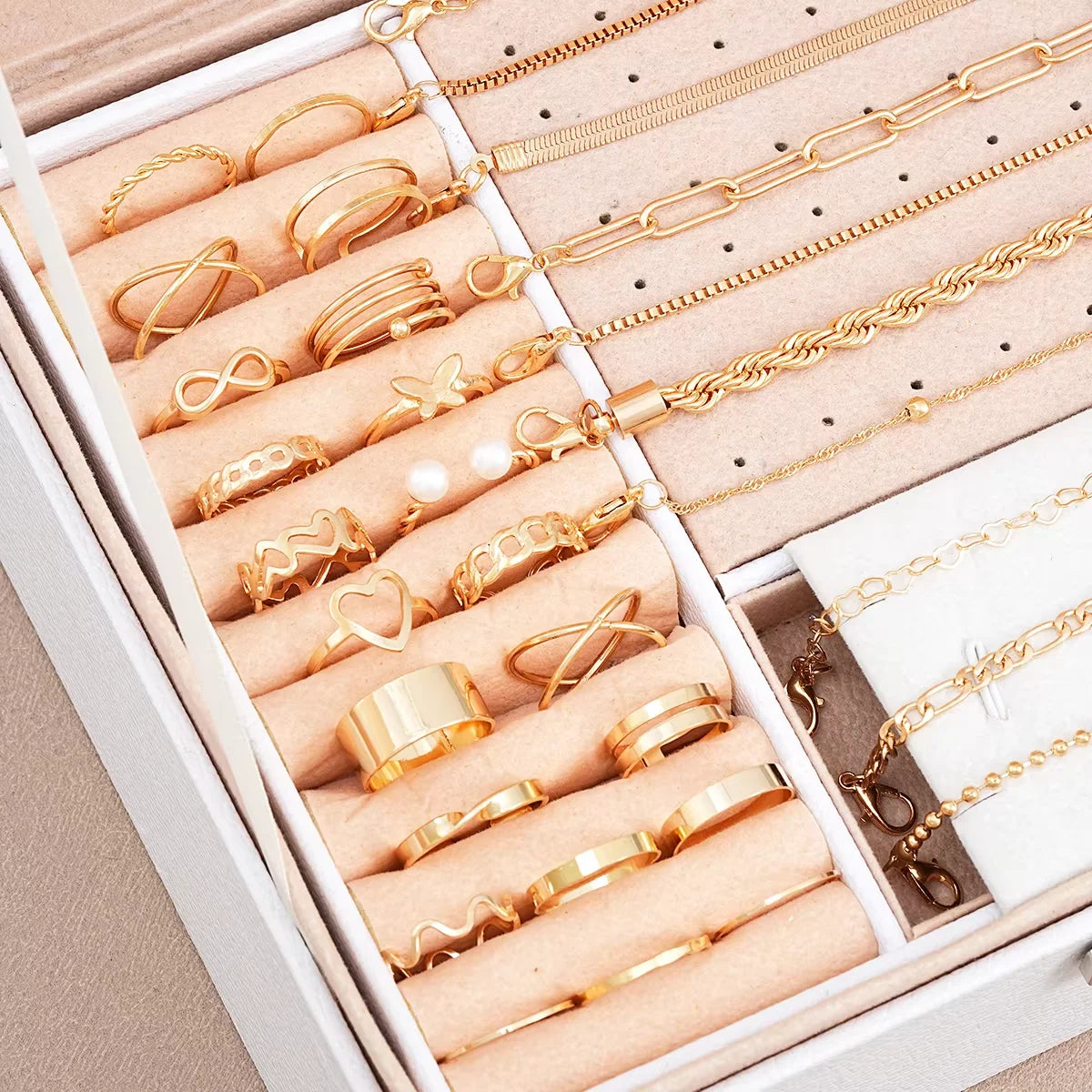 40 Pcs/Set Elegant Pearl Rings Multi-Layered Heart Zircon Necklace Bracelet 3-In-1 Jewelry Set