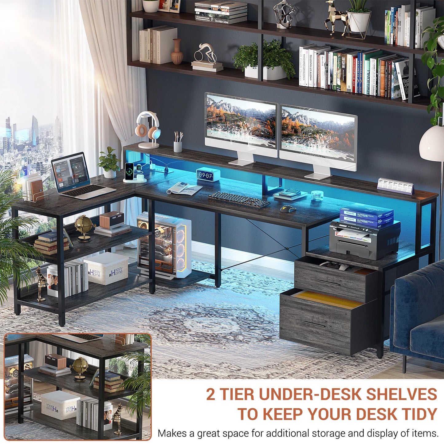 L Shaped Gaming Desk with File Drawer & Power Outlet & LED Strip