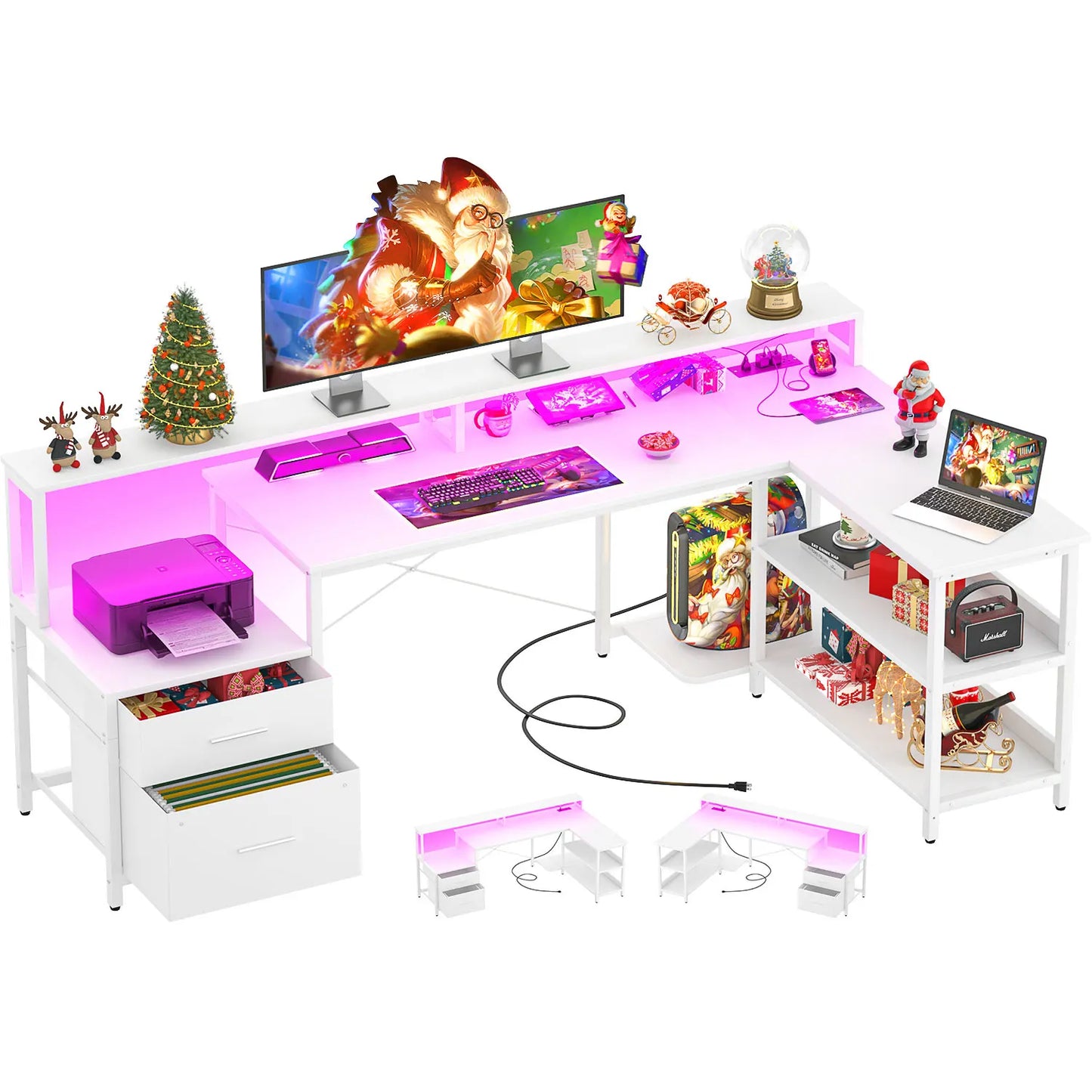 L Shaped Gaming Desk with File Drawer & Power Outlet & LED Strip