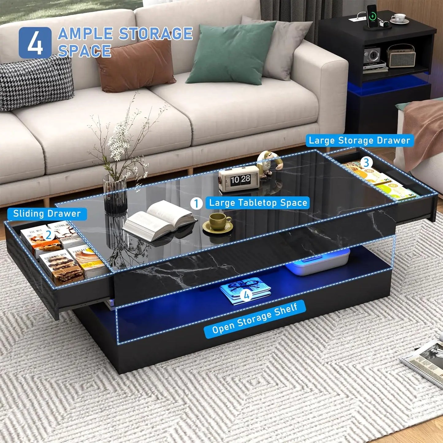 Modern Stylish Coffee Table with LED lights, 2 Storage Drawers